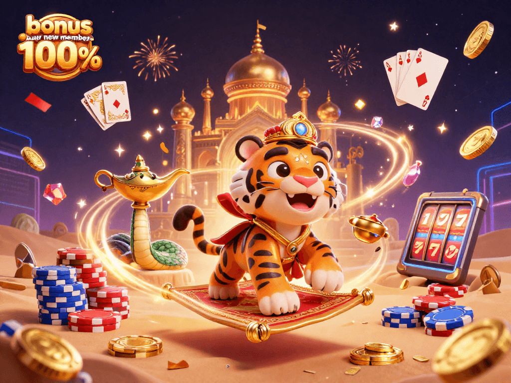 Experience the thrill with the bonus new member 100% offer in this vibrant casino illustration featuring slot elements.