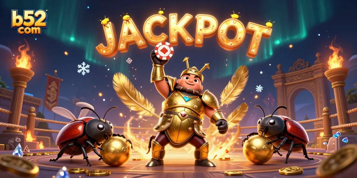 Spin to win at b52 com with colorful beetles celebrating a jackpot in a vibrant casino scene