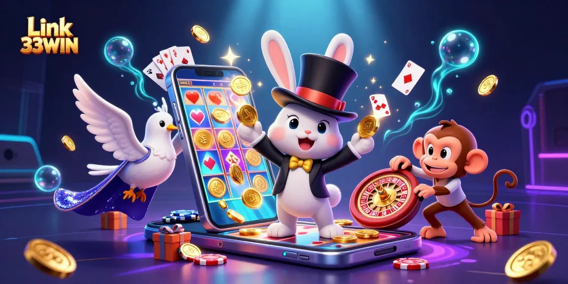 Spin to win at Link 33WIN with a charming magician rabbit and vibrant gaming elements!