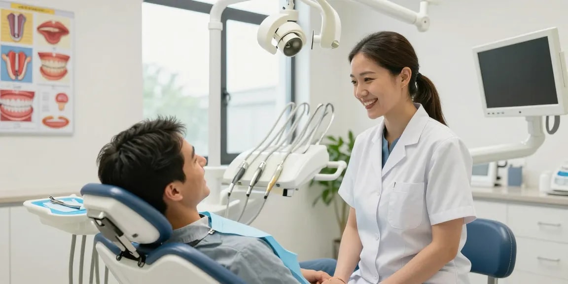 Discover more here at a welcoming dental clinic with a friendly dentist and satisfied patient.