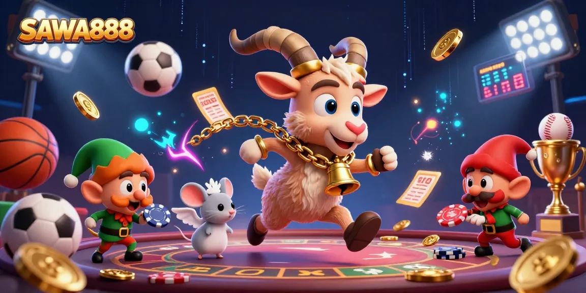 Experience the thrill of SAWA888 with exciting graphics featuring a Krampus goat and festive casino elements.