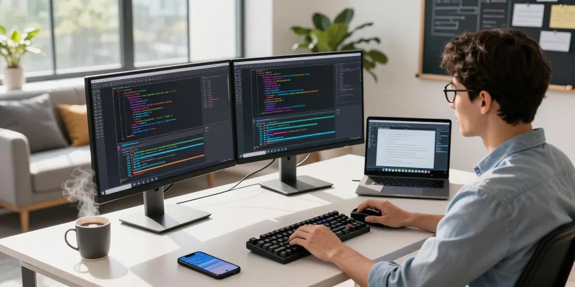 快连 software developer coding with dual monitors in a modern office.