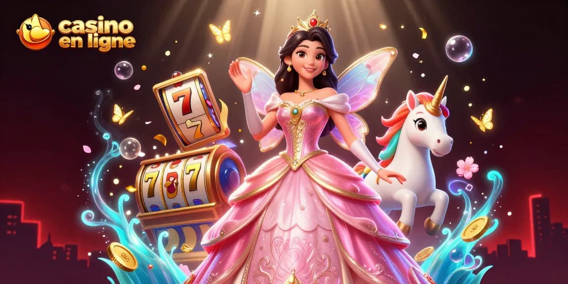 Plongez dans le monde vibrant du casino en ligne avec une femme glamour et un unicorn doré parmi des éléments de jeu enchanteurs.