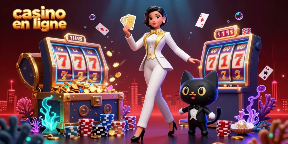 Experience a lively casino en ligne scene with a glamorous dealer, poker chips, and spinning slot reels.