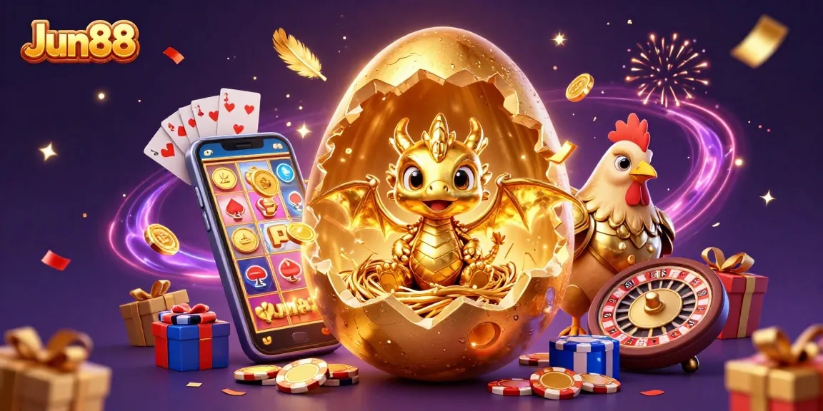 Jun88 reveals an exciting online casino scene with a golden dragon, vibrant slot elements, and festive confetti.