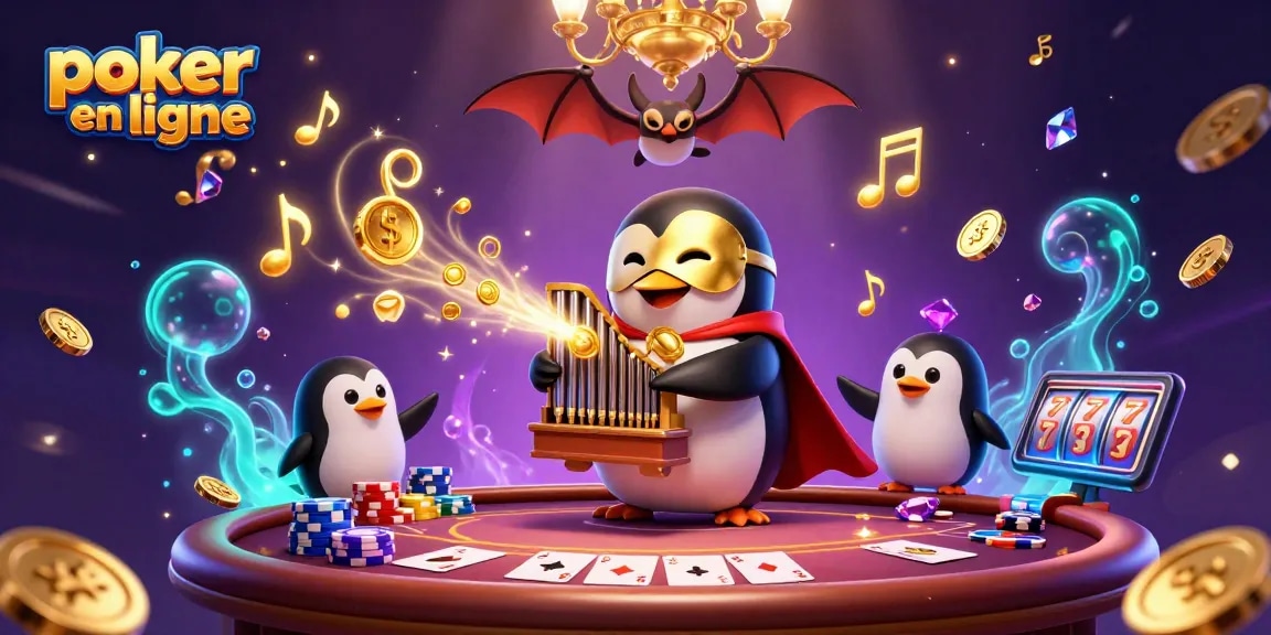 Jouez au poker en ligne avec des personnages colorés et éclatants interagissant autour d'une table de poker animée.