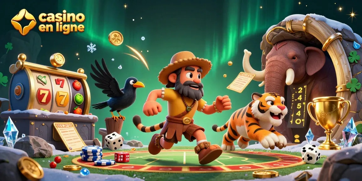 Jouer à des jeux de casino en ligne de manière ludique avec un duo homme des cavernes et tigre à dents de sabre.