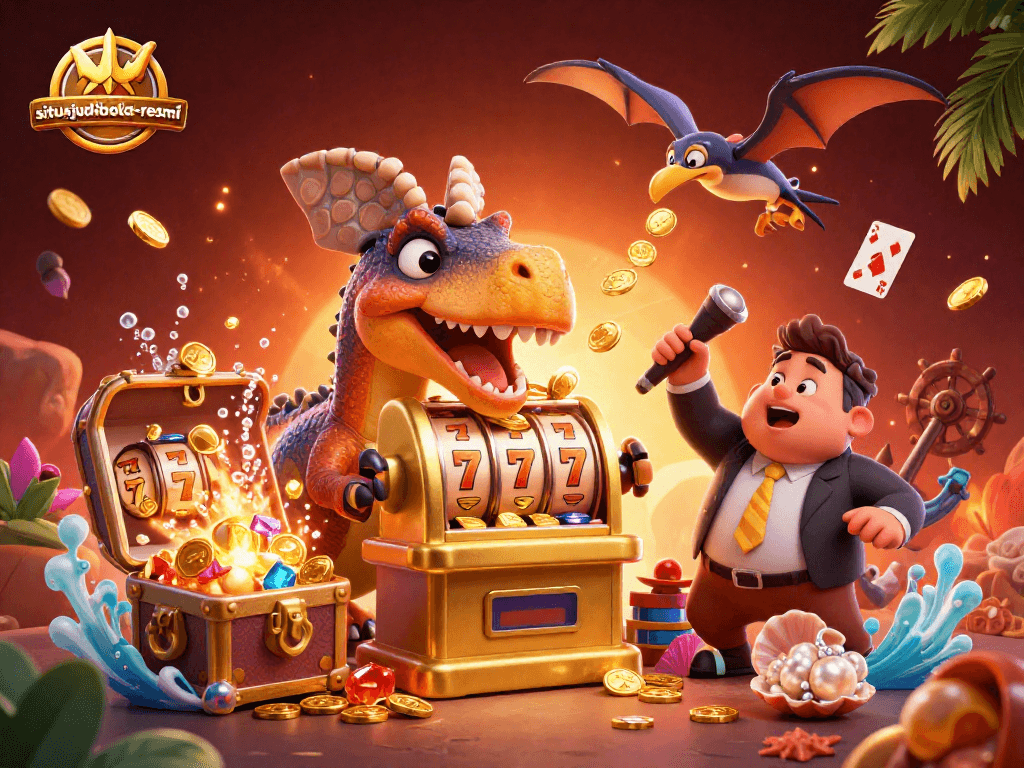 situsjudibola-resmi features a cartoon dinosaur and slot machine in a dynamic casino scene.