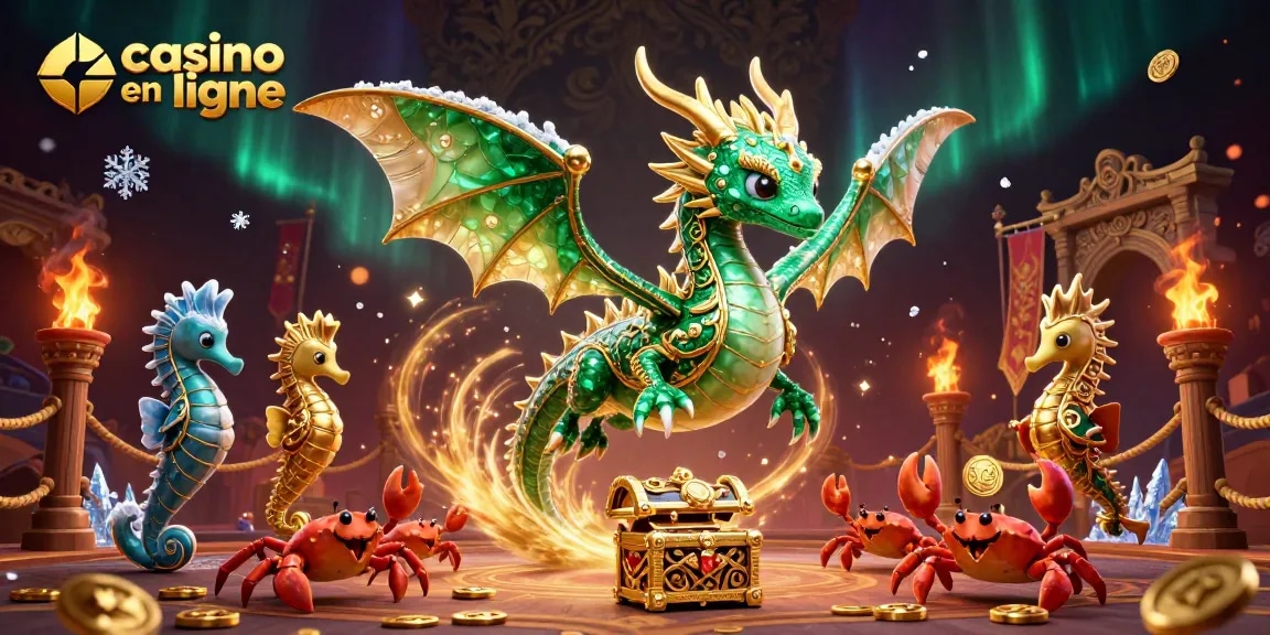Vivez la magie du casino en ligne avec un dragon de mer, des hippocampes gardiens et un coffre au trésor dans une illustration dynamique.