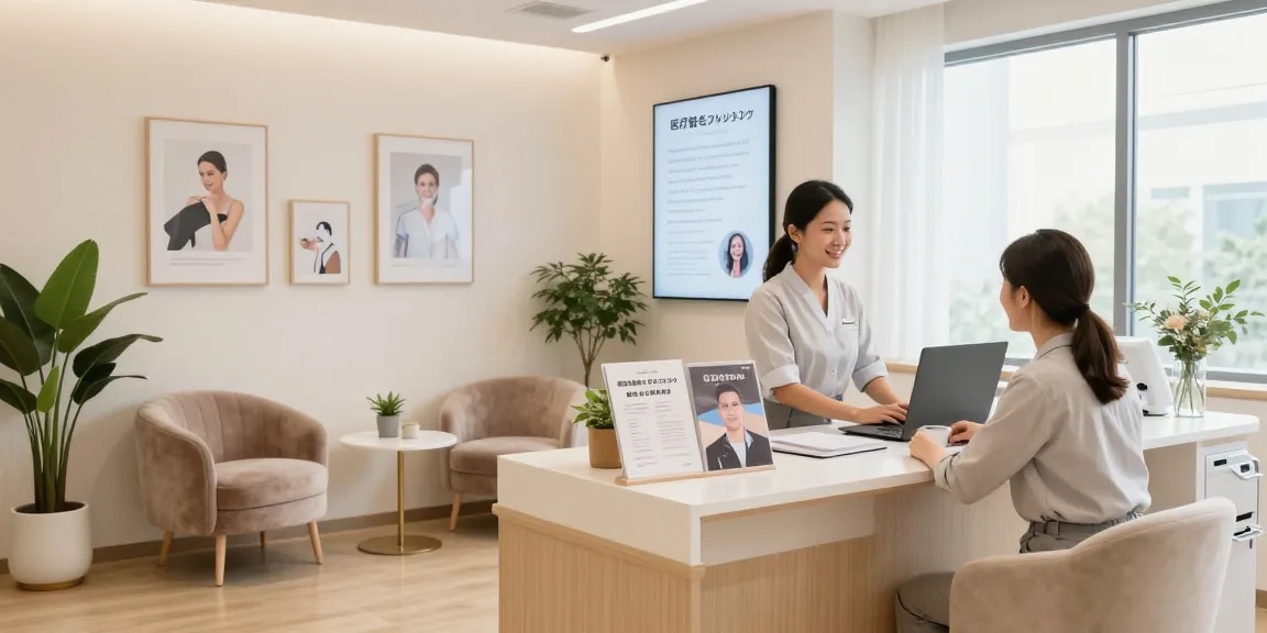 フレンドリーな receptionist がいる医療脱毛+クリニックのウェルカムレセプションエリア。