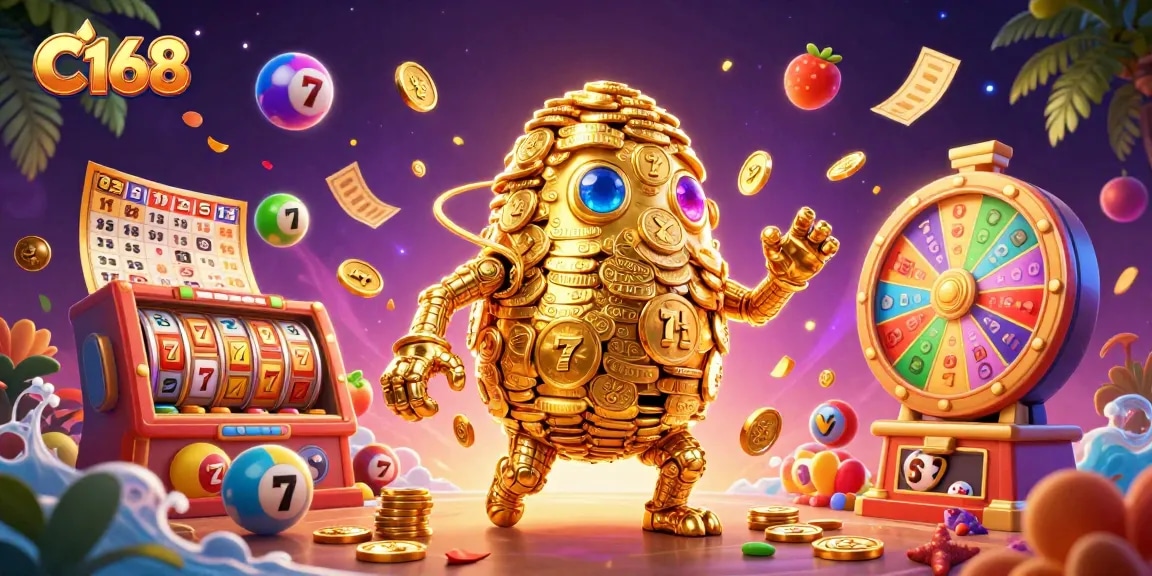 C168 features a dynamic 3D golden golem with lottery and slot themes, creating a vibrant casino atmosphere.