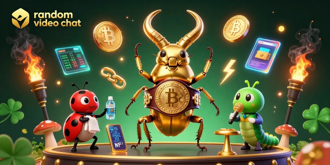 Engage in random video chat with vibrant characters amid glowing casino elements and crypto icons.