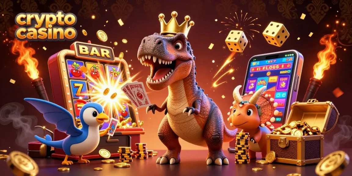 Jouez sur un crypto casino avec des personnages ludiques dans une scène de jeux animée.