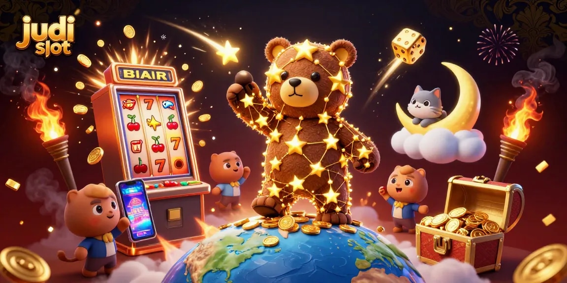 Engaging scene of judi slot excitement with dazzling 3D characters and massive jackpot explosion, creating a vibrant casino atmosphere.