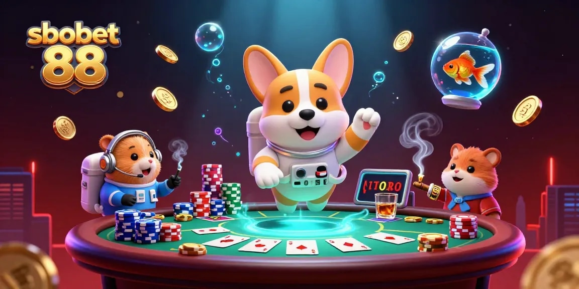 Engage in thrilling gambling with sbobet 88 featuring a 3D scene of a corgi and friends in a space casino.