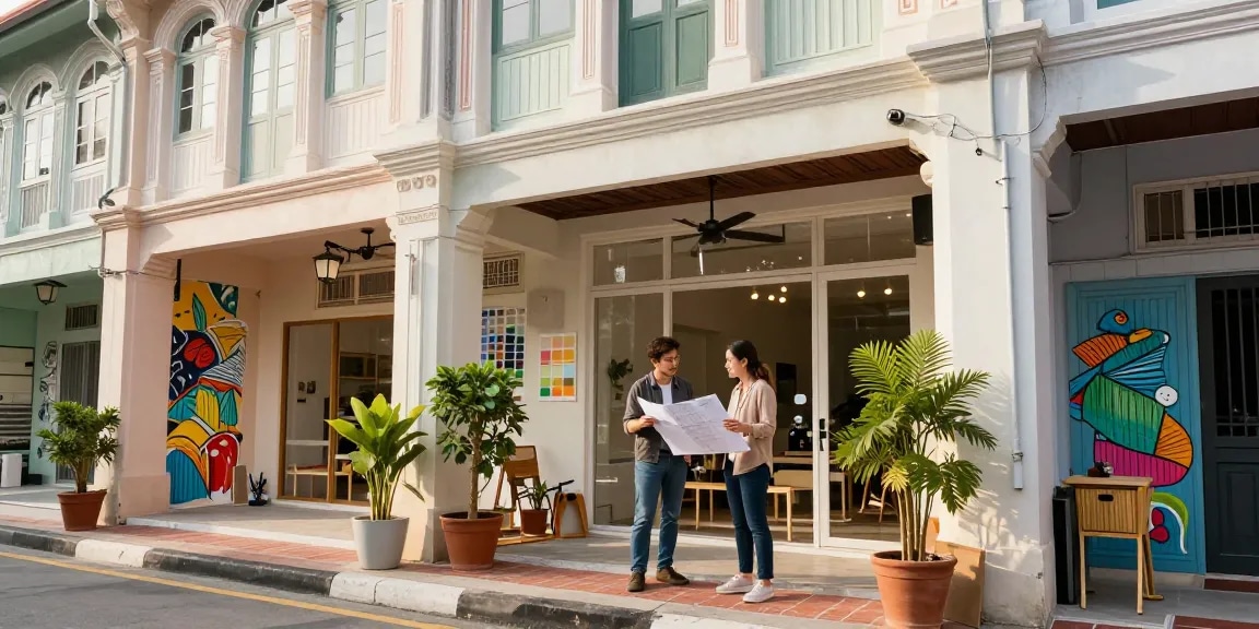 Revamped shophouse showcasing modern renovations with architect discussing plans, highlighting functional design and vibrant atmosphere.