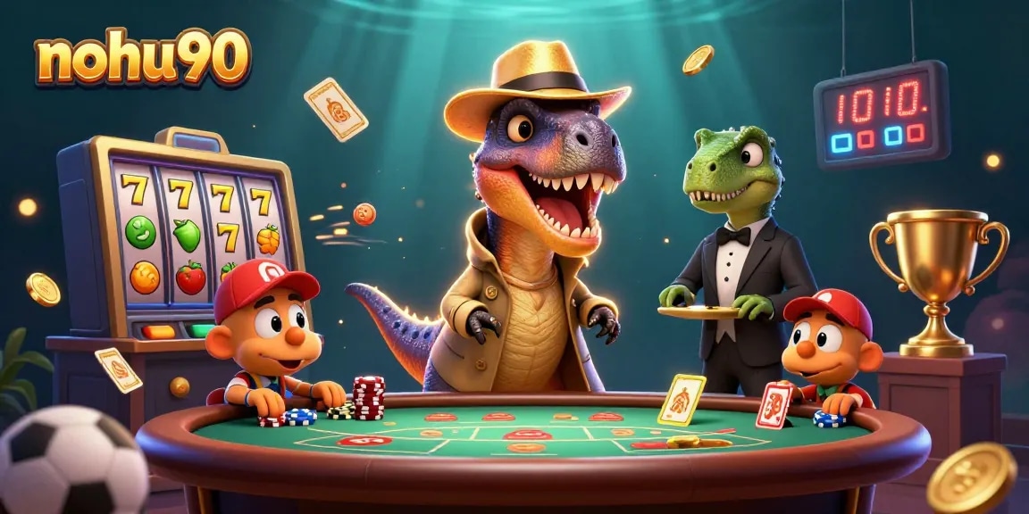 Engage with nohu90's thrilling casino scene showcasing a playful velociraptor at the blackjack table.