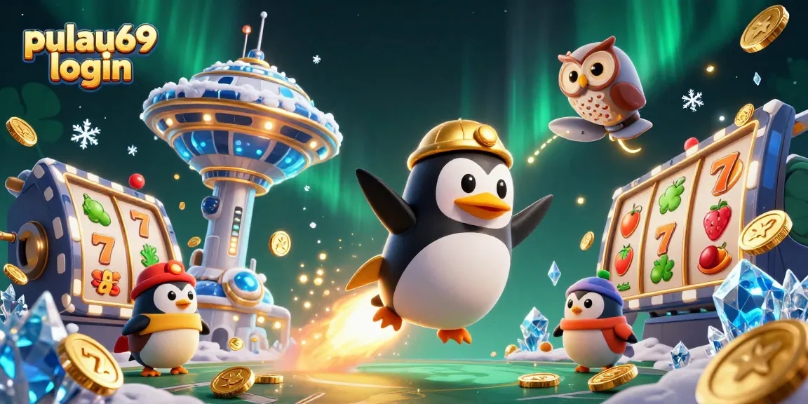 Experience the excitement of pulau69 login with a vibrant 3D casino scene featuring a rocket-powered penguin and slot elements.