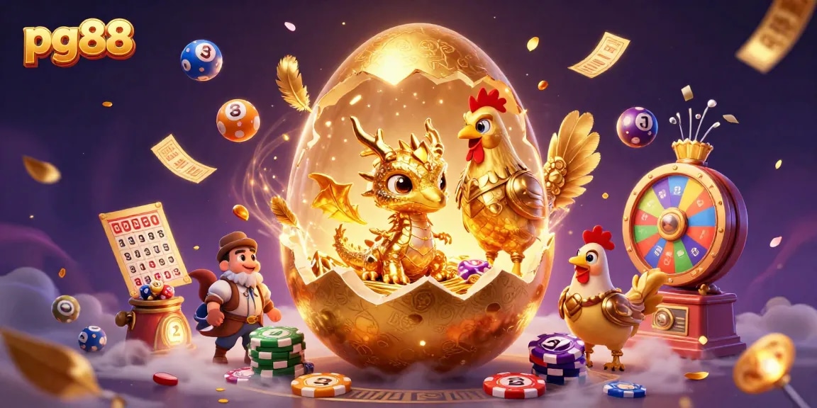 pg88 showcases a magical scene with a golden dragon and poker chips amidst lottery excitement.