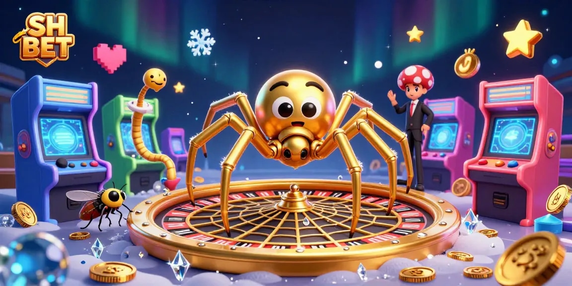 Experience excitement with SH BET as a golden spider spins a roulette wheel in a vibrant casino scene.