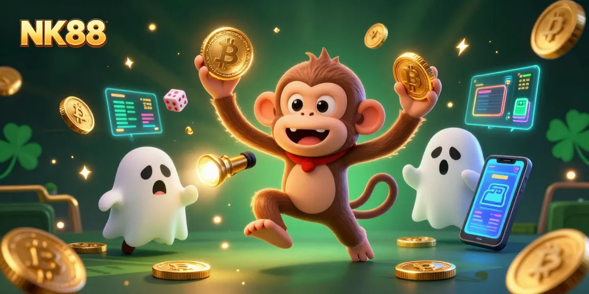 Engage in thrilling gaming with NK88 as a playful poltergeist monkey juggles golden coins in a haunted casino.