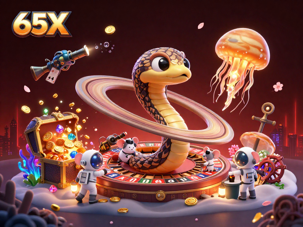 Aposte no 65X com a cobra Saturno girando em torno do planeta enquanto astronautas fazem apostas de forma divertida.