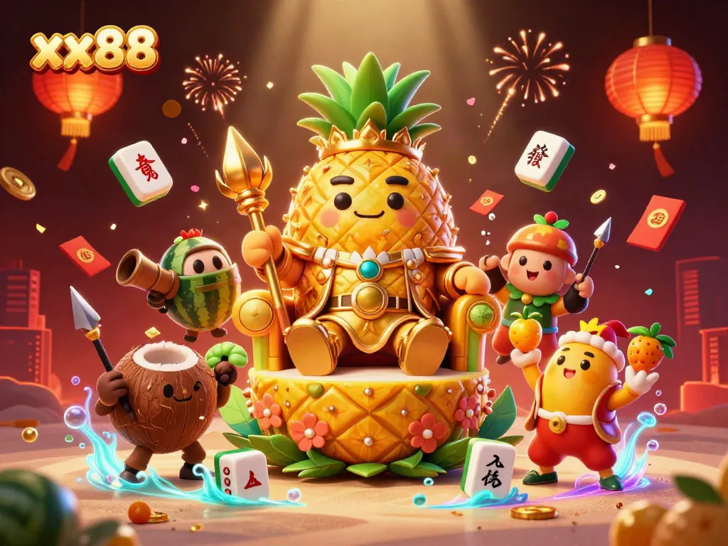 Experience the thrill of xx88 with a cartoon pineapple king and vibrant casino elements in a dynamic 3D scene.