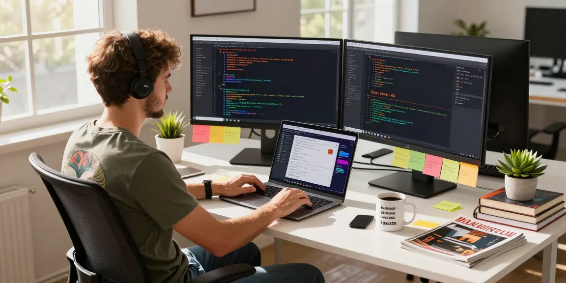 Spicy AI development workspace with dual monitors showing code in a vibrant atmosphere.