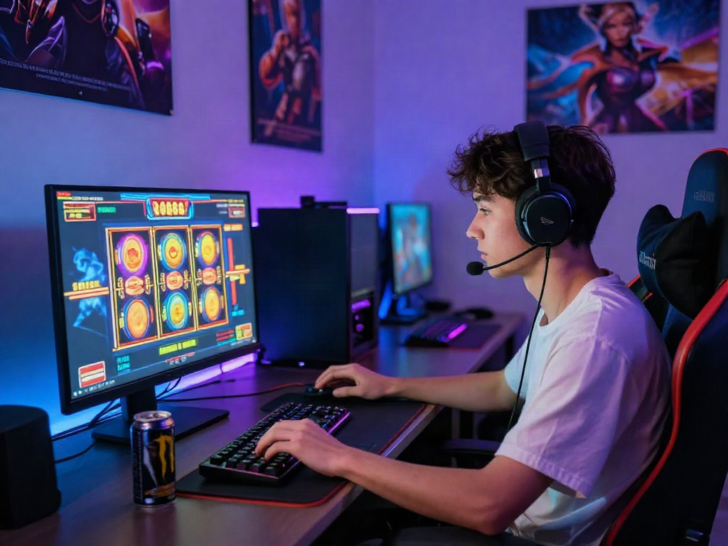 Player immersed in an engaging slot88 game, surrounded by gaming gear.