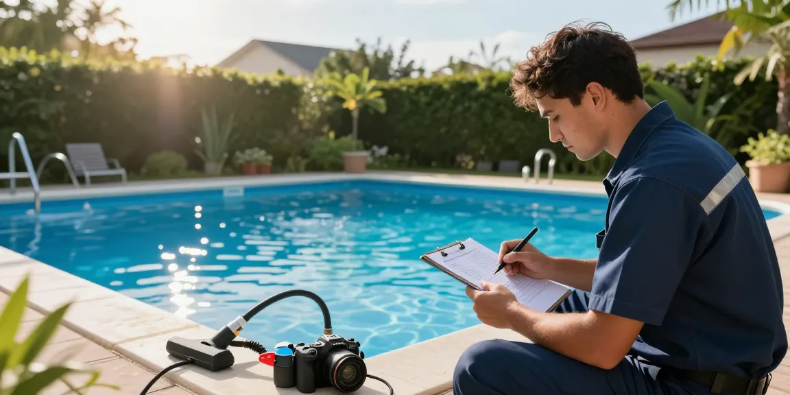 Professional servis bazenske tehnike at a sunlit pool, technician assessing equipment efficiently.