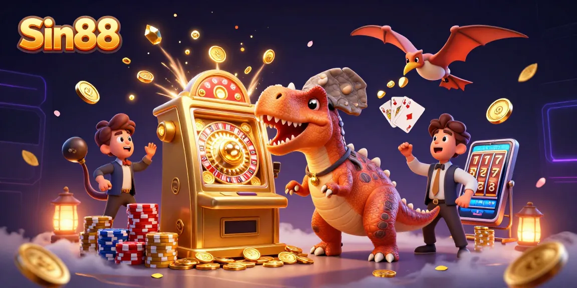 Sin88 promotes excitement as a pachycephalosaurus celebrates jackpot coins from a golden slot machine.