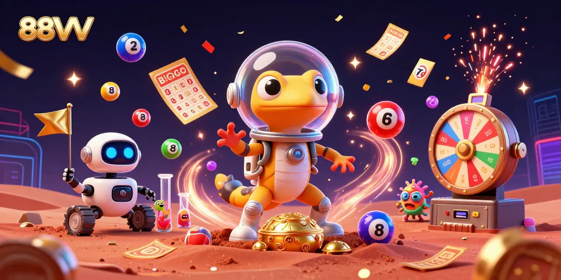 Experience the thrill of gambling at 88VV with a vibrant casino scene featuring a Martian gecko and dynamic game elements.