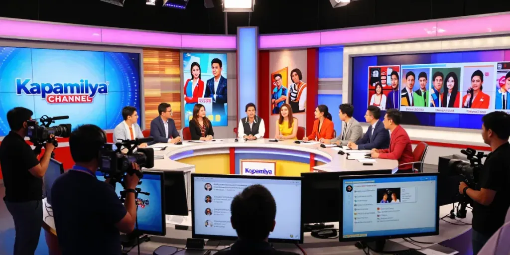 Live broadcast studio of kapamilyachannel.com showcasing vibrant hosts and numerous TV shows, creating an inviting atmosphere.