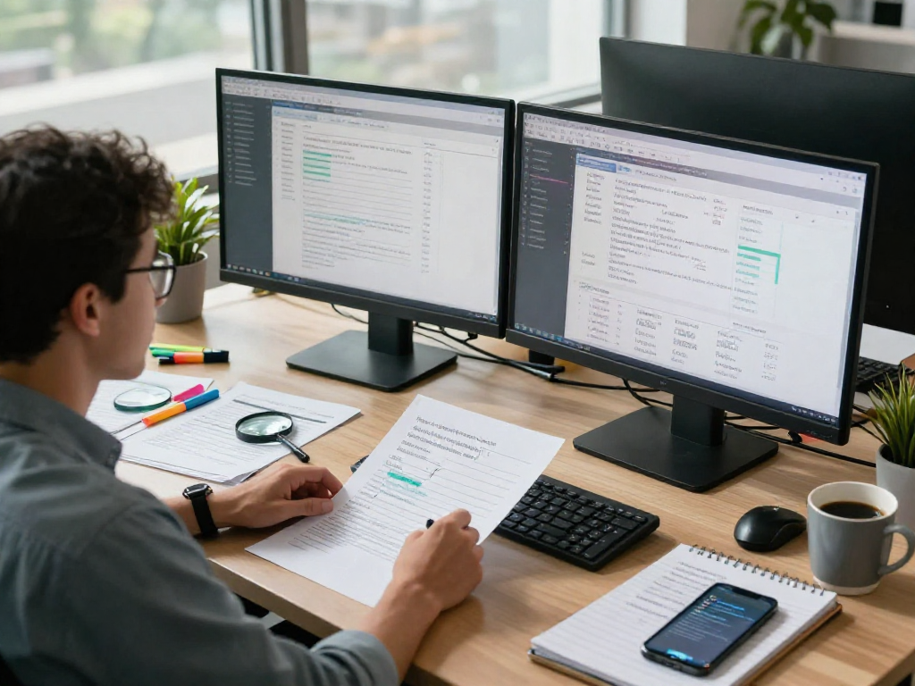Data analyst utilizing document fraud detection software in a modern office, showcasing dual monitors with dashboards.