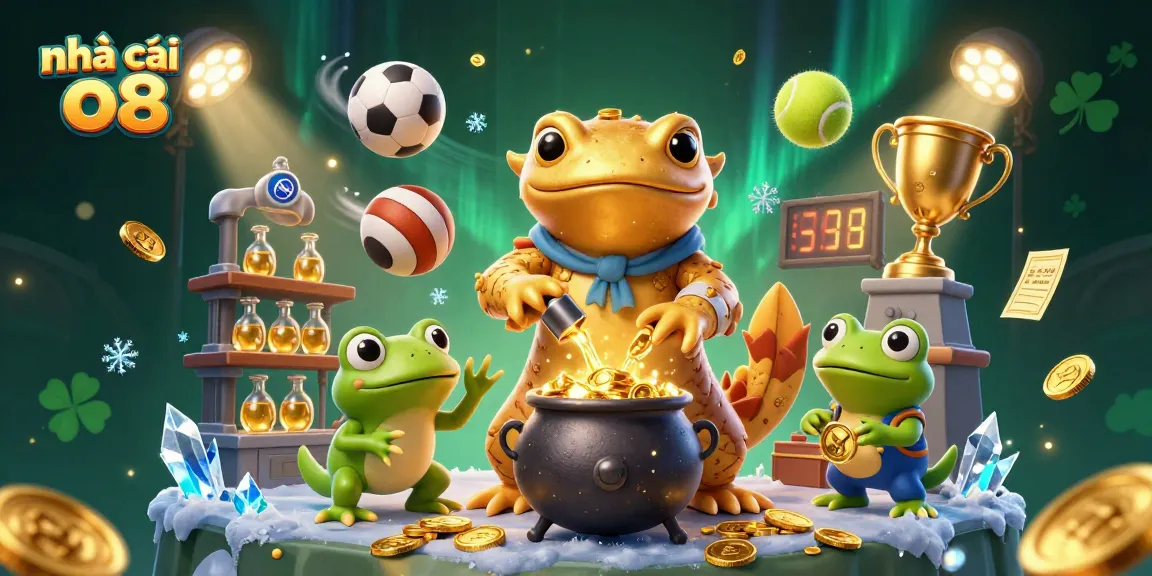 Engage in thrilling gameplay at nhà cái o8 with a vibrant 3D casino scene depicting various sports elements and characters.