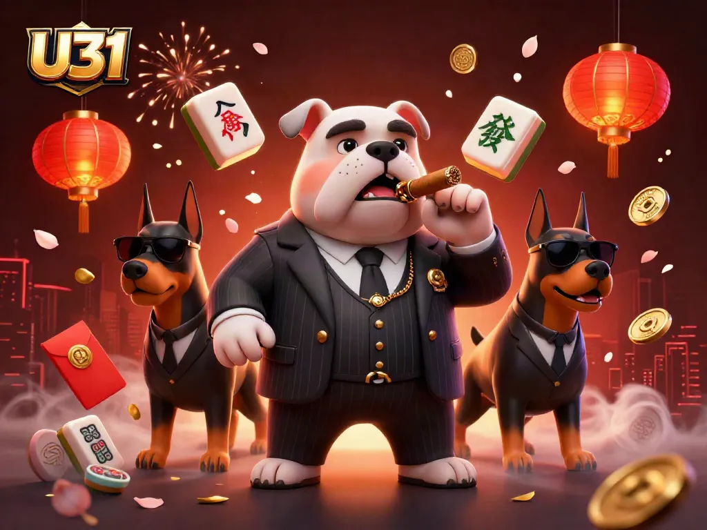 Engage with U31's vibrant gaming atmosphere featuring a mafia boss bulldog and dynamic casino elements.