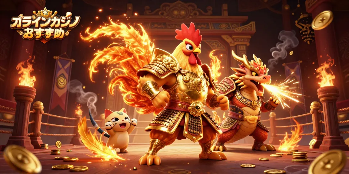 オンラインカジノ おすすめのための力強い3Dカートゥーンキャラクターが参戦するカジノ戦場を描いたイラスト
