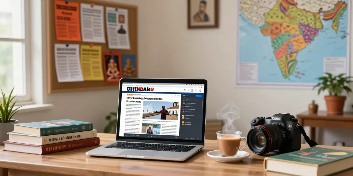 Indian journalist exploring articles on https://www.theindaily.com in a vibrant news-filled workspace with rich cultural elements.