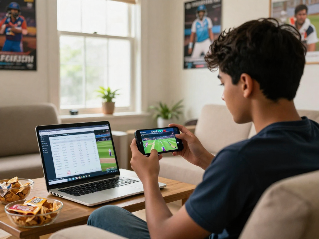 Enjoy live streaming of cricket matches with Cricfy TV APK on mobile device in a cozy home setting.