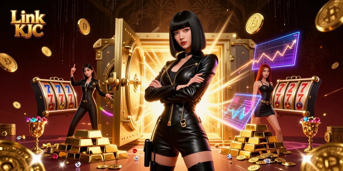 Experience thrilling casino gameplay with Link KJC as neon crypto and gold treasures illuminate the scene.