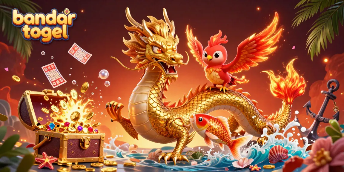 Experience the excitement of bandar togel with a dynamic illustration capturing a golden dragon, a phoenix, and lucky koi amidst colorful gems.