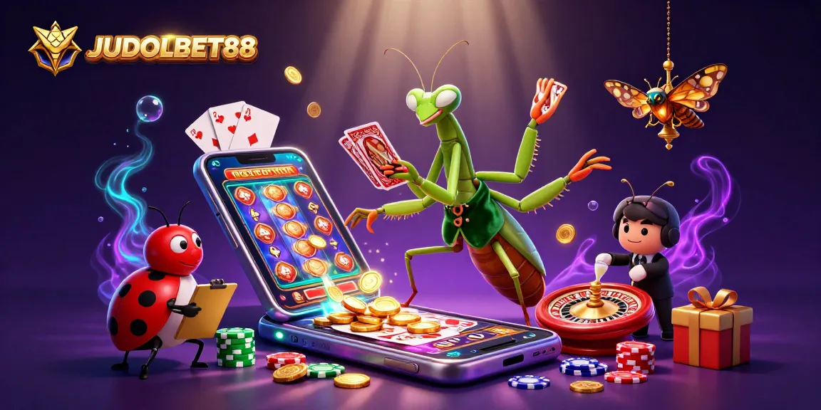 JUDOLBET88 showcases a vibrant casino scene with dynamic characters, colorful slot games, and casino elements.
