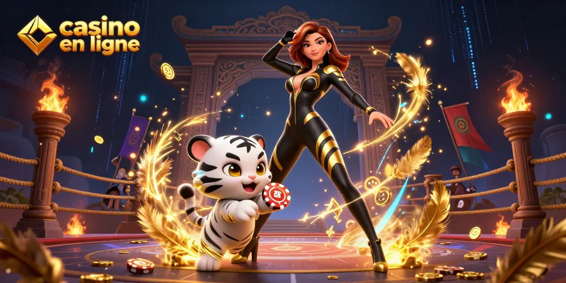 Engage with online games at casino en ligne, featuring a stunning acrobat and a playful tiger.
