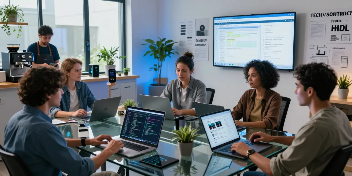 Developers collaborating on the best AI tools in a modern tech workspace with vibrant coding and design elements