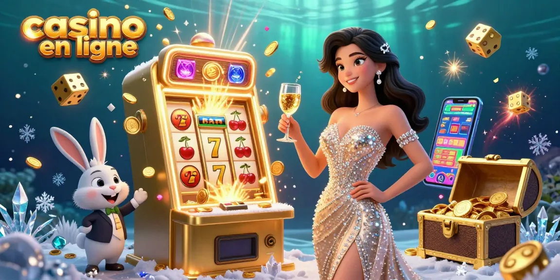 Découvrez l'excitation du casino en ligne avec une femme célébrant près d'une machine à sous à jackpot et un croupier amusant.