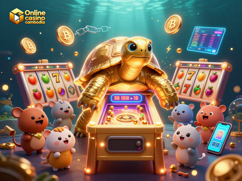 Join the excitement of Online casino cambodia with a thrilling scene of a vibrant pinball tortoise and slot games.