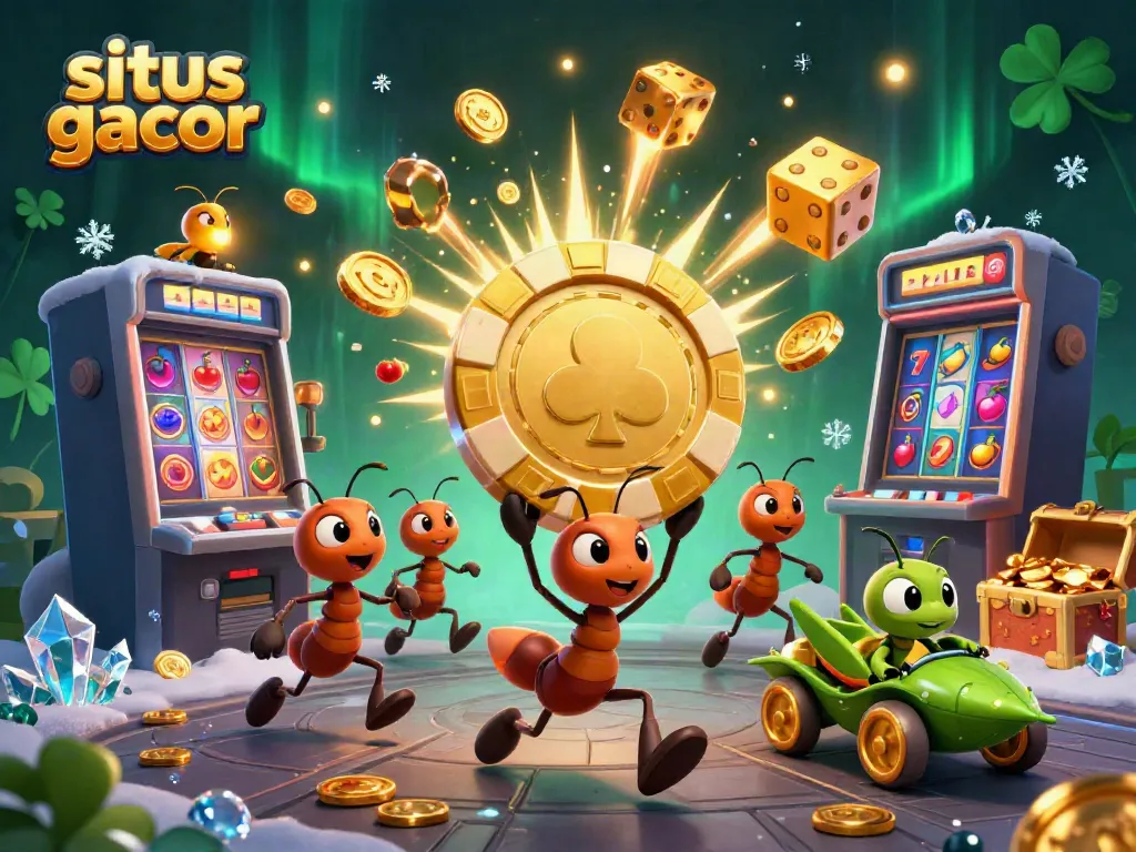 Menangkan jackpot di situs gacor dengan simbol keberuntungan di dalam ilustrasi slot 3D.