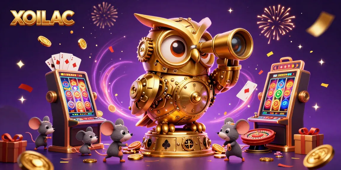 Experience excitement at XOILAC as the golden owl watches over lively casino action filled with games, coins, and celebrations.