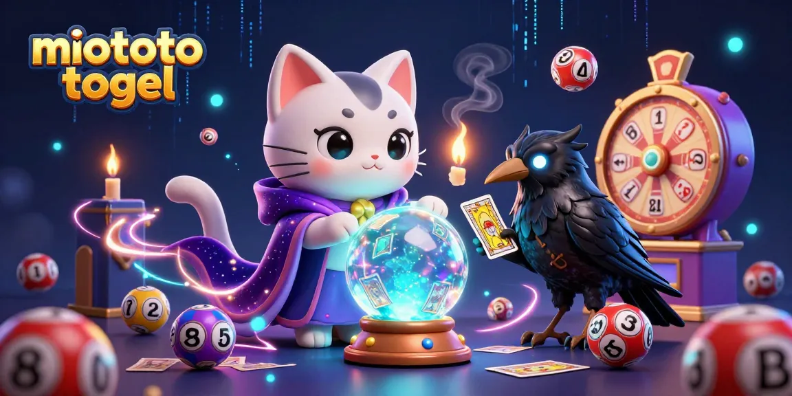 Engage with miototo togel through a vivid illustration showcasing a mystical cat and raven amidst lottery elements.