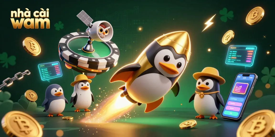 Experience the thrilling games at nhà cái vmax featuring a golden penguin in a dynamic casino scene.
